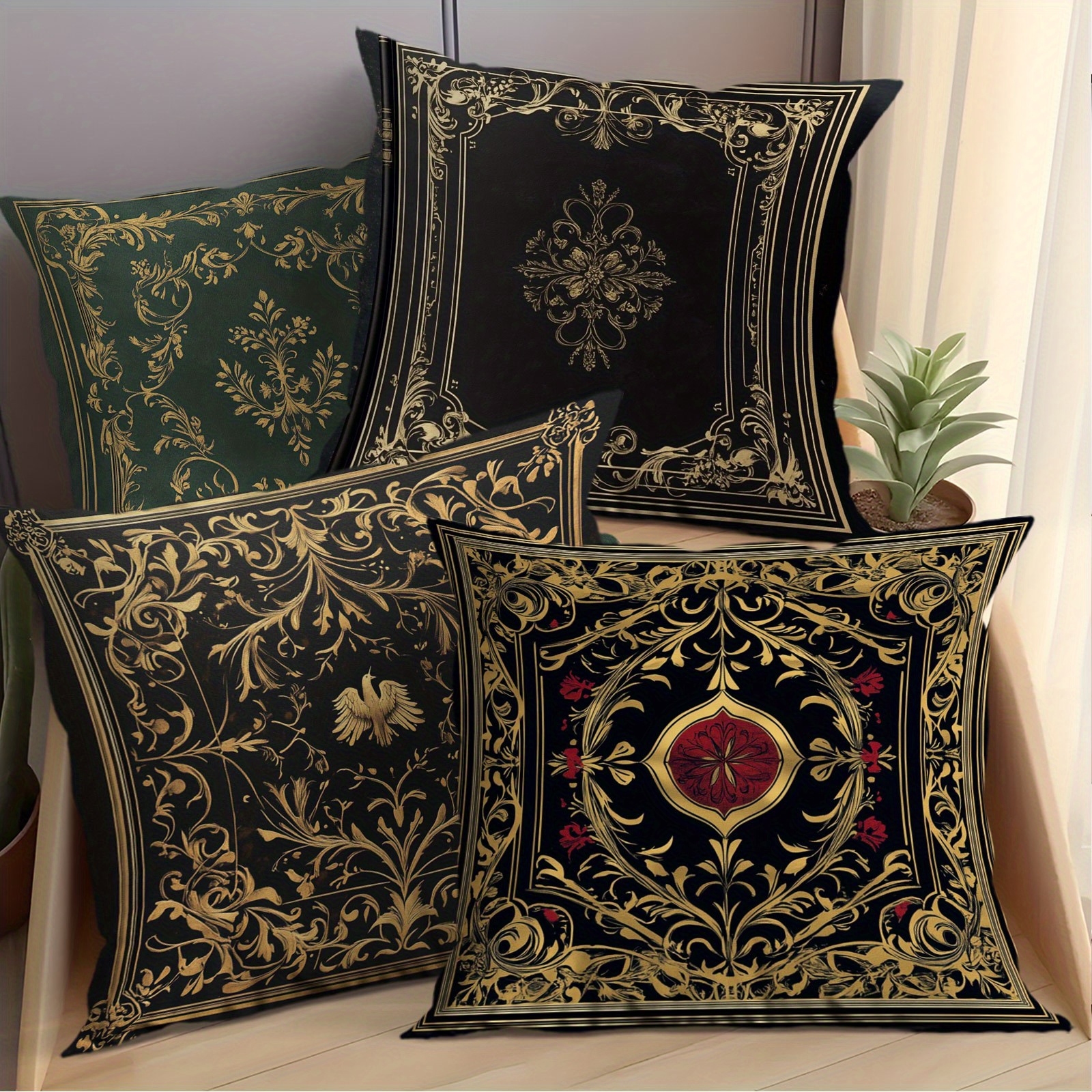 

Baroque Style Black And Golden Throw Pillow Covers Set Of 4 - Polyester, Woven, Contemporary Design With Patterns, Zippered, Machine Washable For Office, Bedroom, Balcony, Car, Sofa, Patio