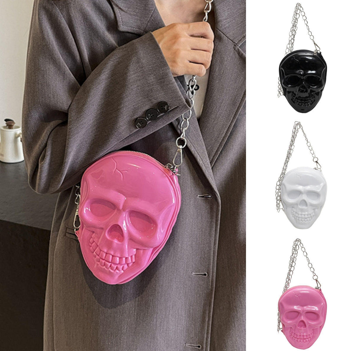 

Halloween Pu Skull Crossbody Bag Large Capacity Creative Shoulder Bag Solid Color Scary Satchel Bag Skeleton Chain Bag