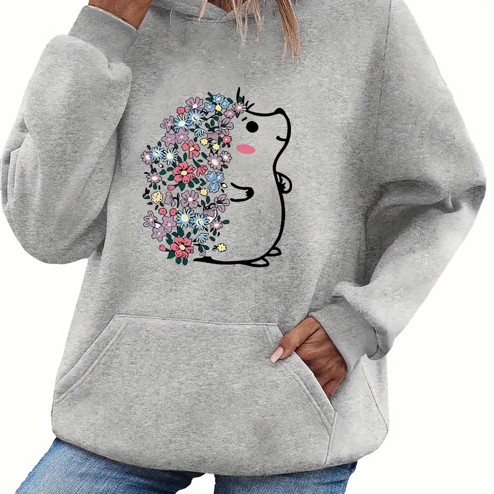 

Women's Casual Animal Print Hoodie With Hedgehog & , 100% Polyester Knit Fabric, Hooded Sweatshirt With Kangaroo Pocket, Slight Stretch Pullover - Active Loungewear Top