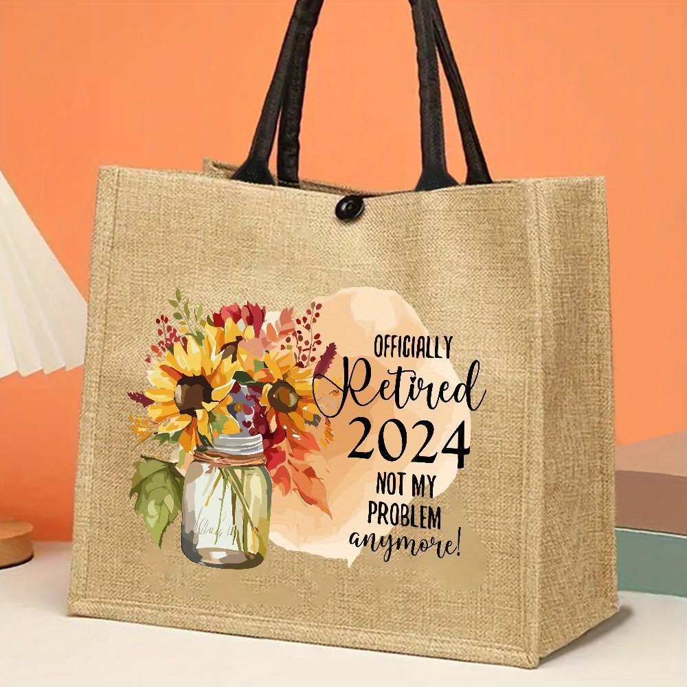 

Funny Retirement Floral Cotton Jute Tote Bag - 2024 Large Capacity Reusable Grocery Bag With Handles For Shopping, Outdoor Picnic, Party