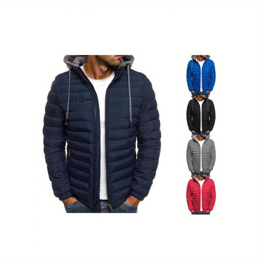 

Men Winter Jacket, Solid Color Hooded Long Sleeves Zip-up Outer Wear With Pockets For Boys, 5 Colors