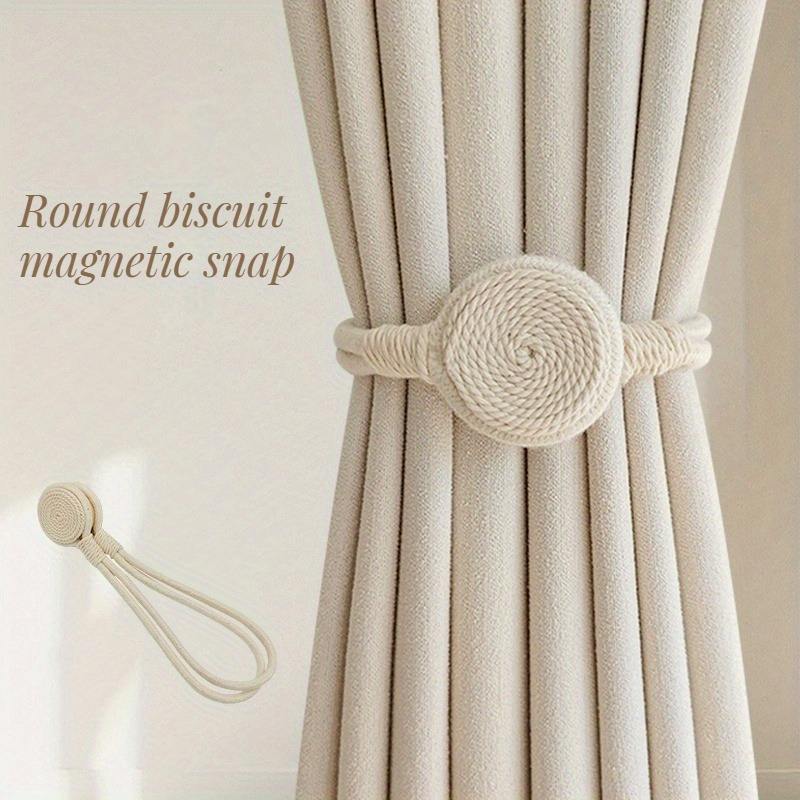 

1pc Elegant Magnetic Curtain Tieback – No-drill Rope With Woven Rattan Design For Bedroom & Living Room Decor, Light /cream Color, & Style, Curtain Management | Accessory | Woven Rattan Material