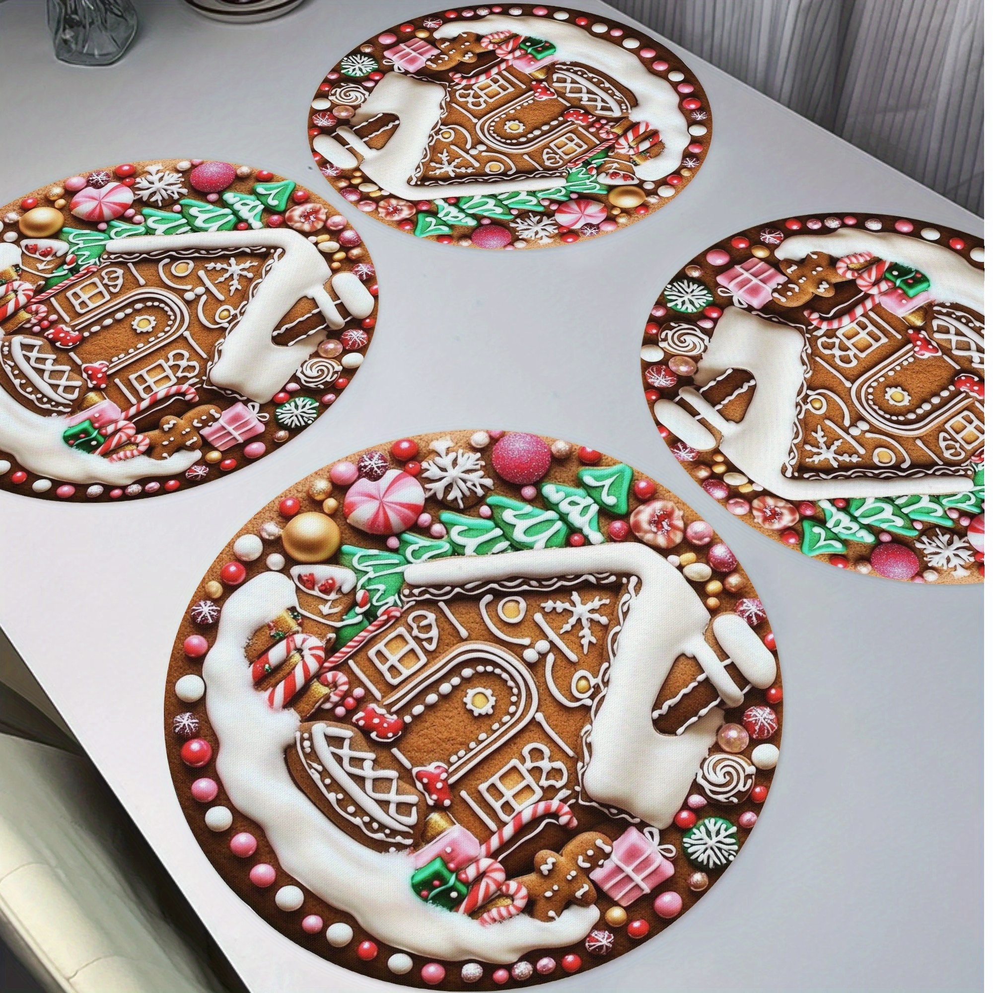 

4-pack Christmas Polyester Placemats - Non-slip, Heat Resistant, Hand Washable Round Table Mats With Candy Trees Design For Dining Decor, 15" Knit Fabric