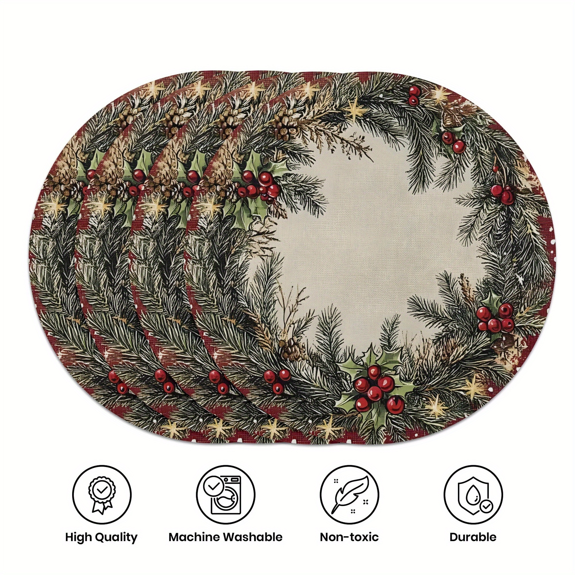 

4pcs Christmas Wreath Pattern Round Placemats, 15-inch Polyester Table Mats, Non-slip Heat Resistant, Washable, Hand-wash Only, Decorative Dining, Kitchen Decor, Decoration