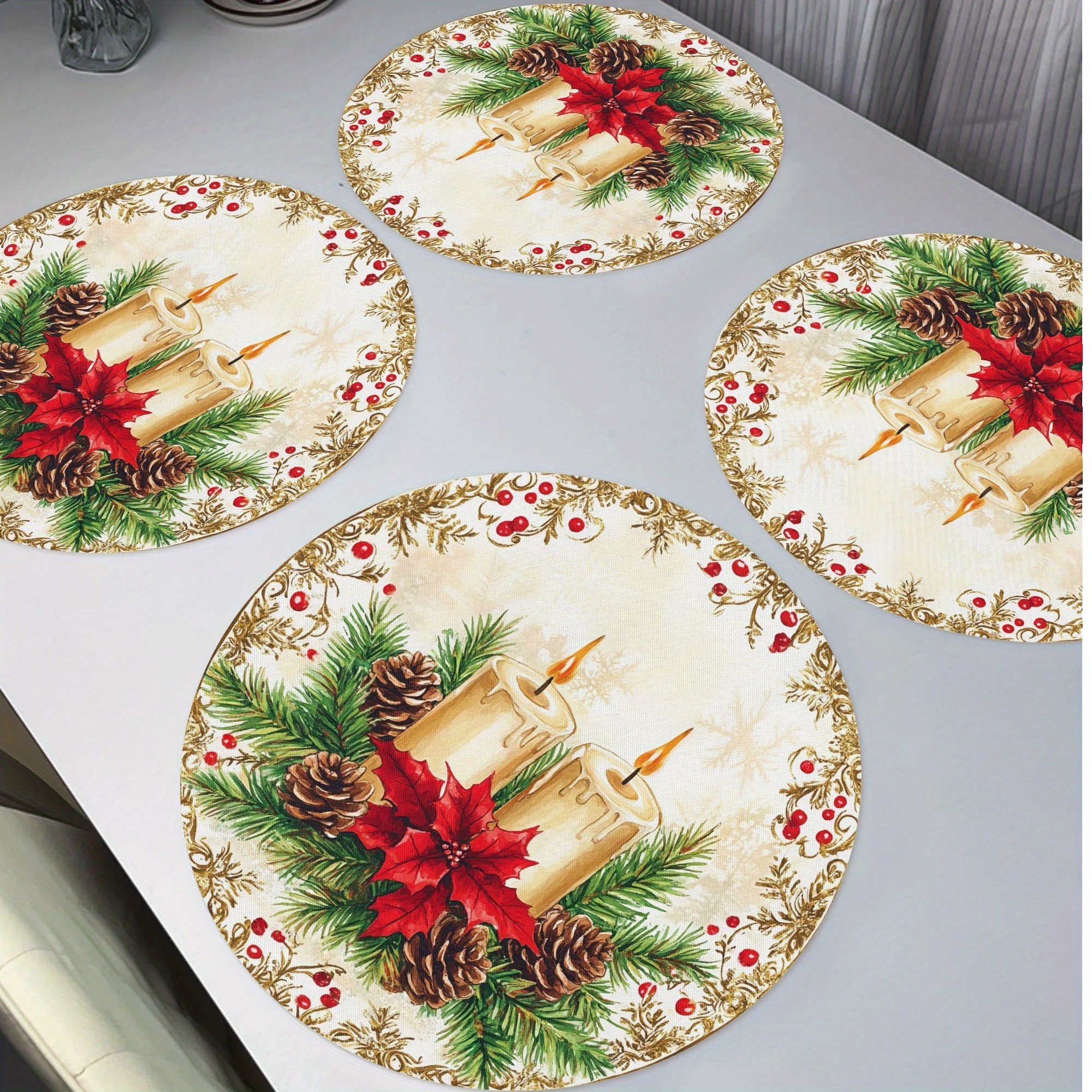 

4pcs Merry Christmas Poinsettia Candle Vintage Round Placemats Set Of 4, Berry Wreath Table Mats Place Mats 15" For Party Kitchen Dining Decoration Decor