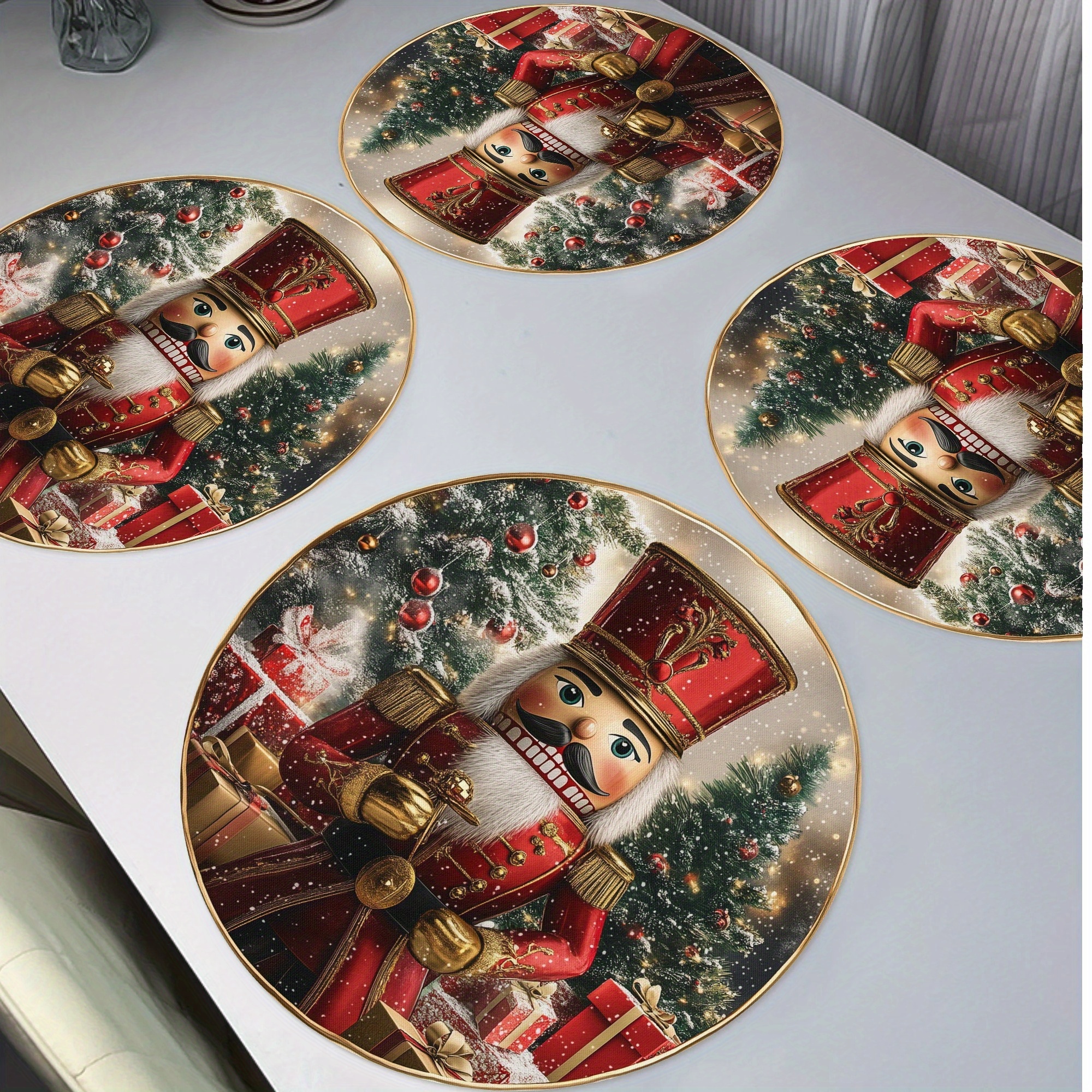 

4-pack Christmas Nutcracker Round Placemats, Hand Wash Only, Polyester Knit Fabric, Non-slip, Heat Resistant, 15" For Dining, Kitchen, Holiday Decor