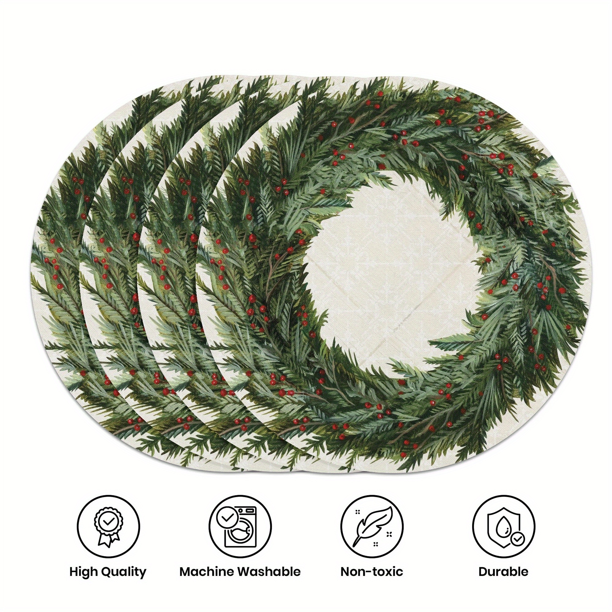 

4-pack Christmas Wreath Round Placemats, 15in, Polyester, Non-slip, Heat-resistant, Machine Washable, Reusable, Hand Wash Only, Indoor & Outdoor Dining Mats, Decor For Kitchen & Home Decor