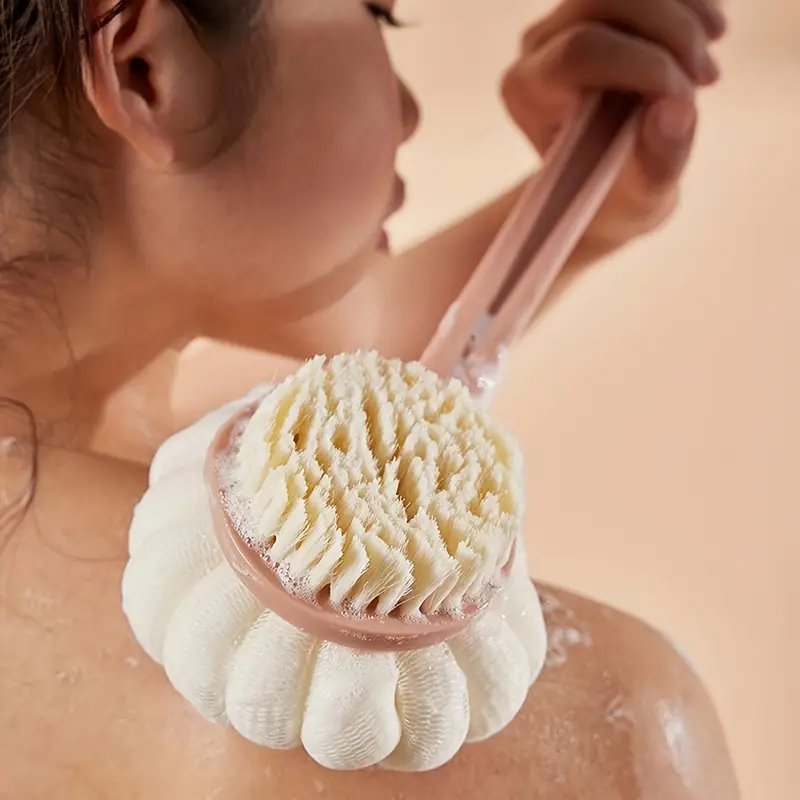 1pc long handle back scrubber sponge plastic massage bristle body brush for men and women shower exfoliating loofah with hair removal feature gentle exfoliation plastic construction Product details 0