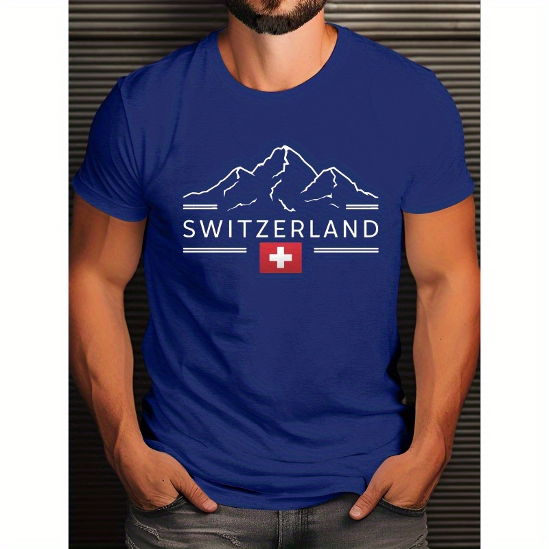 

Switzerland-inspired Men's T-shirt With Mountain Print - Casual Short Sleeve, Breathable Polyester, Summer Fashion