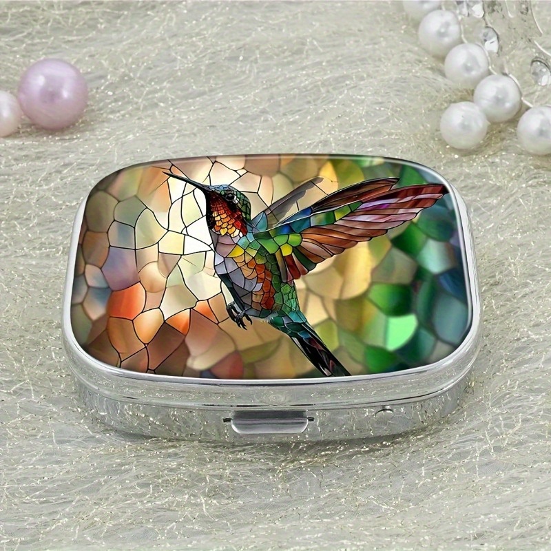 

1pc Stained Glass Hummingbird Pill Box, Compact 2 Compartment Portable Medicine Box, Pocket Travel Vitamin Organizer, Decorative Mini Purse Pill Holder With Vibrant , 1.67x2.20 Inch