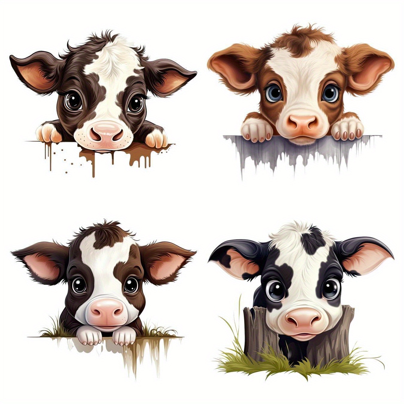 

4-pack Cow Peek Heat Transfer Iron-on Patches, Colors, Diy Sewing Appliques For T-shirts, Hoodies, Jeans, Canvas Bags, Backpacks, Supplies