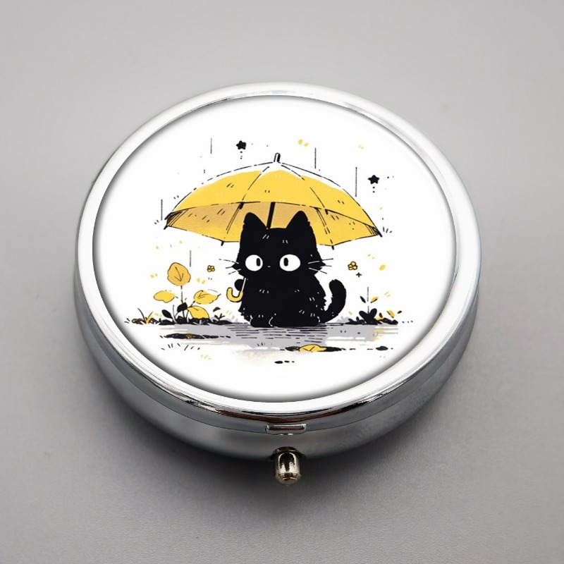 

-compartment Metal Pill Box With Black Cat Design, Portable And Decorative Vitamin Storage Box, Unique Personalized Gift For Pocket Or Wallet