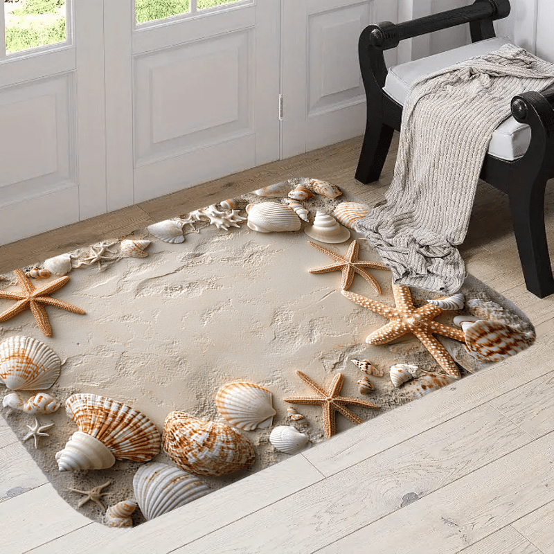 

1pc, Polyester Carpet Mat, Length, And White With Starfish And Seashells, Beach Theme Doorway Rug, Machine Washable, Home Decor