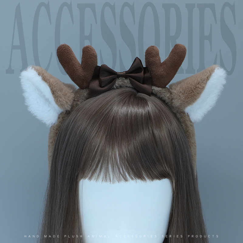 

Cosplay Deer Antlers Headband With Bowknot – Handmade Plush Faux Fur Animal Ears Hair Accessory For Party Costume