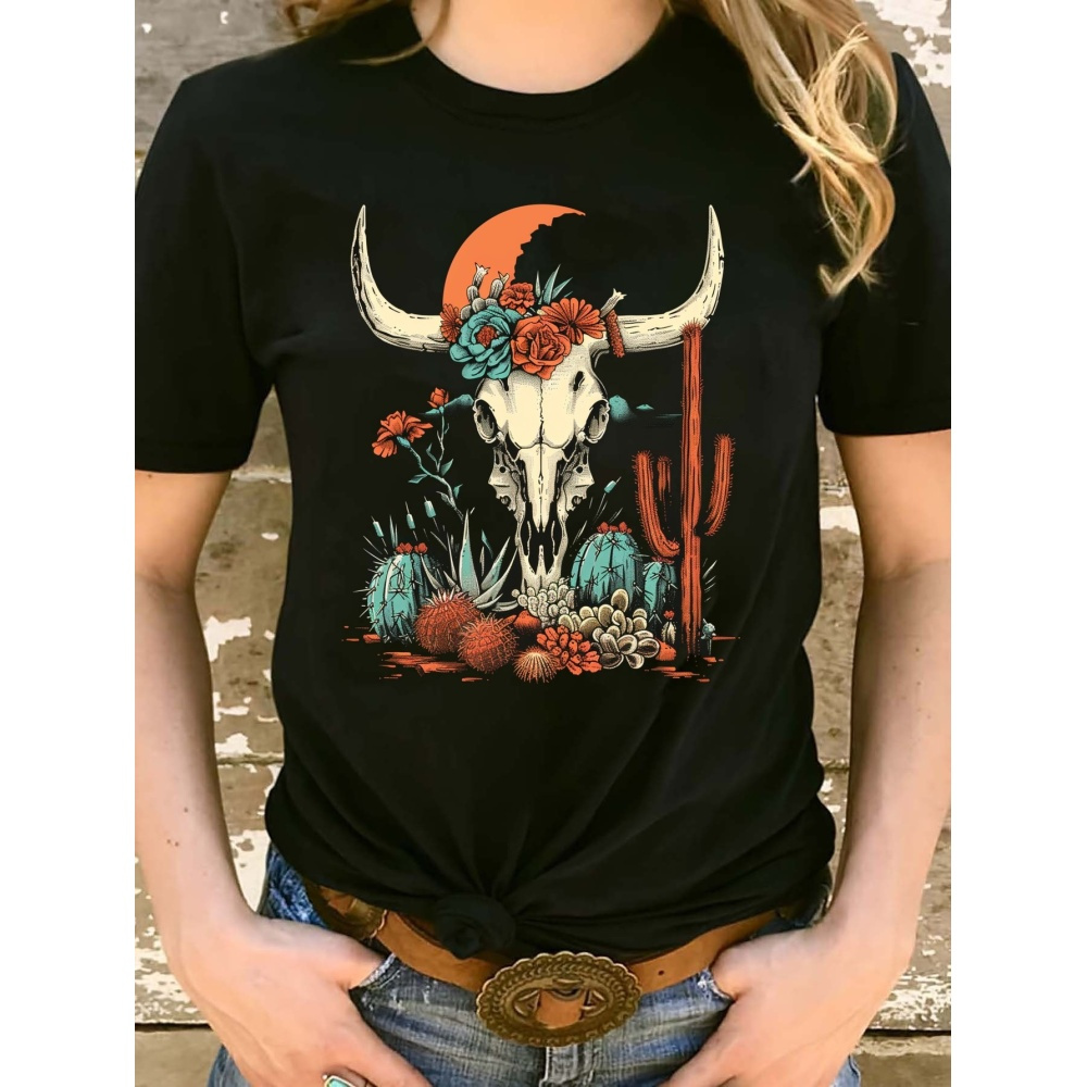 

Women's Casual Short Sleeve Western Cowboy Print T-shirt, Polyester Knit Crew Neck Tee, Regular Length, - Polyester 95%, Elastane 5%