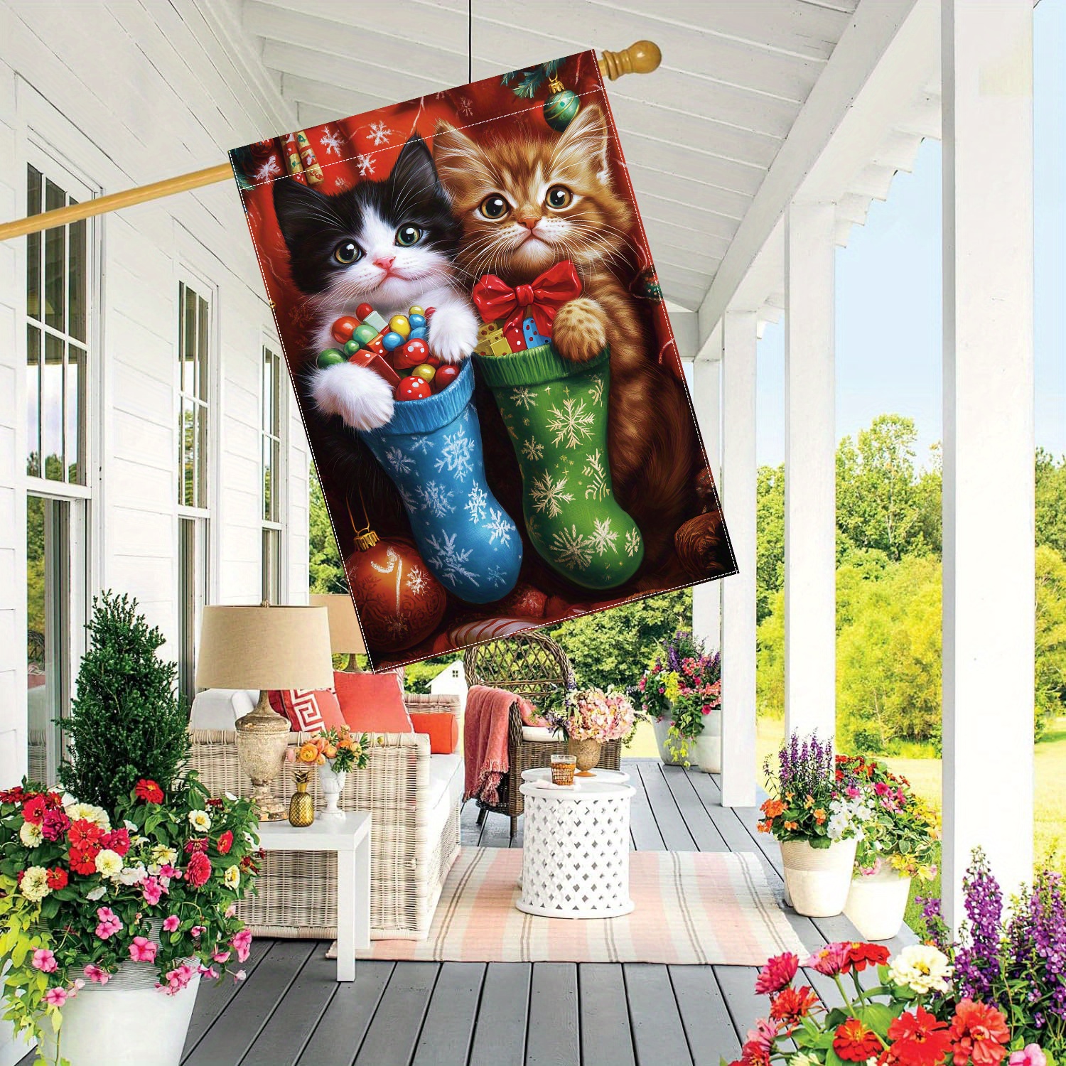 

1pc, Christmas Cat With Stockings, 28x40 Inches Double-sided Polyester Garden Flag, Outdoor Yard Decoration, Lawn Flag Only, No Power Needed