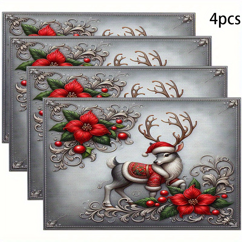 

4pcs Christmas Reindeer Placemats, Linen Table Mats, Modern Dining Pad, Heat-resistant, Square, Machine Washable, Home Kitchen Decor