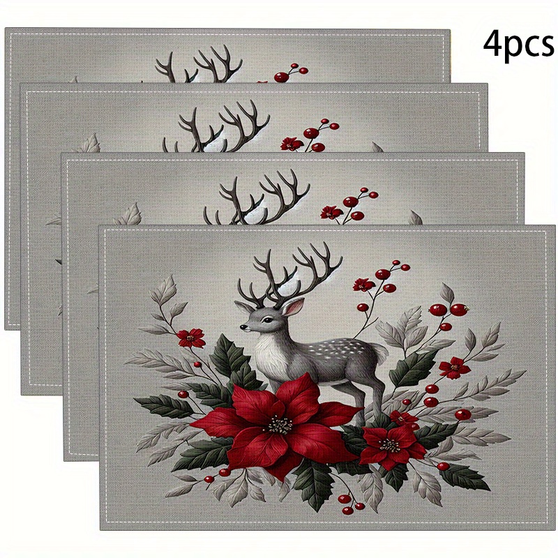 

4pcs Christmas Deer & Poinsettia Table Mats, Linen Placemats, Modern Dining Pad, Heat-resistant, Square, Machine Washable, Home Kitchen Decor