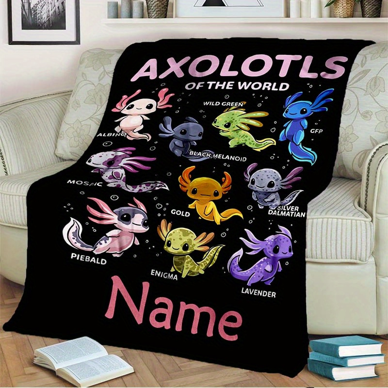 

Axolotl Themed Personalized Name Flannel Throw Blanket, 1pc, Polyester 100%, , Knitted, Contemporary Cartoon Pattern, Use For Sofa, Bed, Office, All