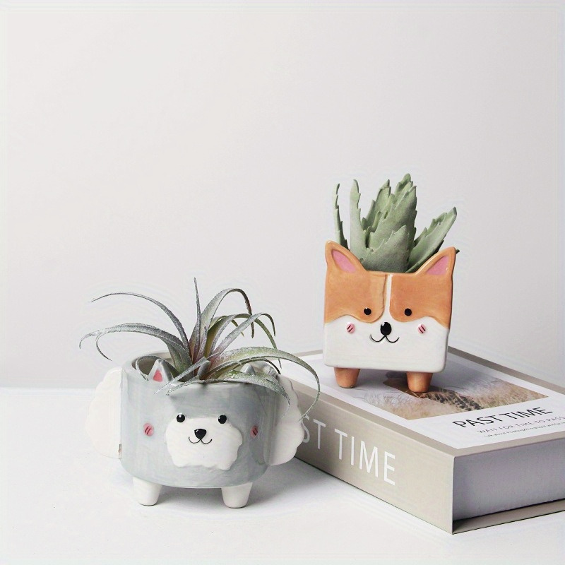 

1pc Corgi Cartoon Ceramic Planter, Casual Succulent Pot, Indoor Minimalist Decorative Vase For Cactus And Small Plants, No Electricity Or Battery Needed