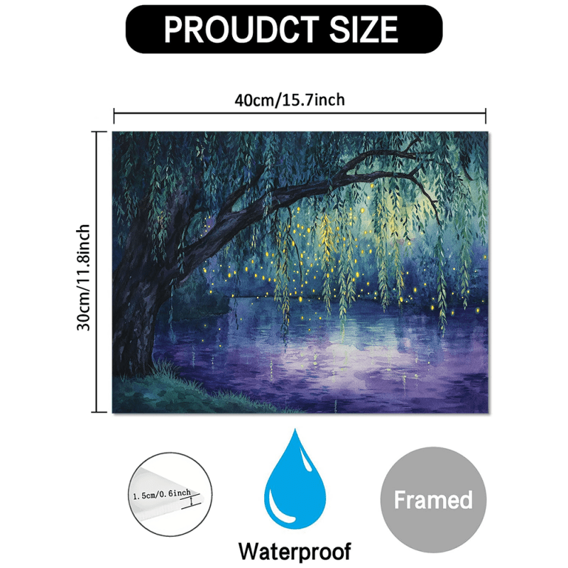 TEMU 1pc, 2d, Framed Canvas Art Willow Lake Mystical Firefly Landscape Wall Print For Home Decor, Versatile Occasion, 2d Flat, Perfect For Room Decor