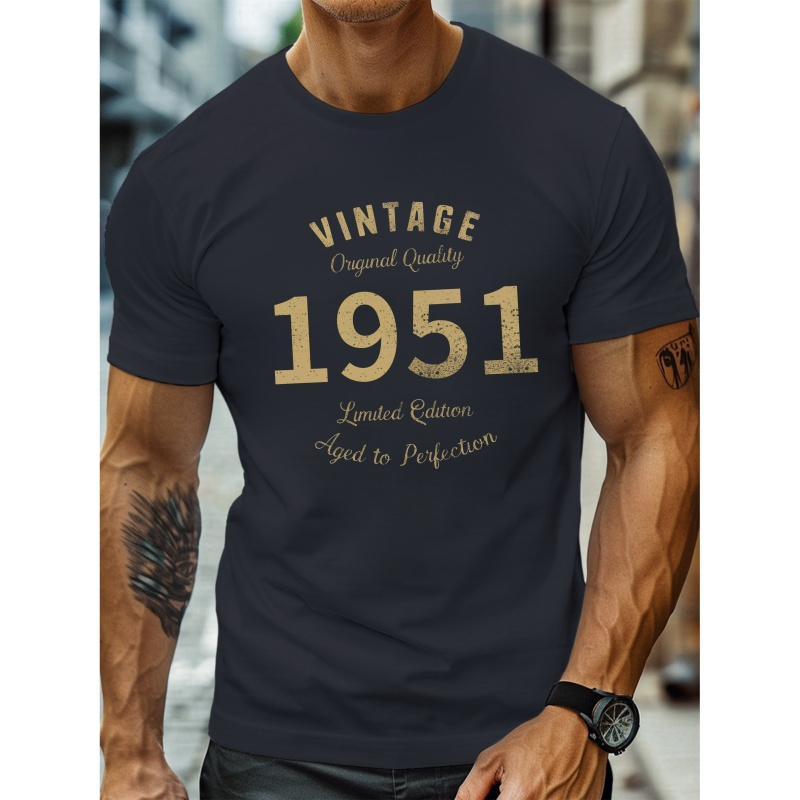 

T-shirt ras du cou pour homme avec imprimé vintage 1951 - Tissu en % polyester, motif géométrique, style décontracté, légère élasticité, haut à manches courtes pour l'été