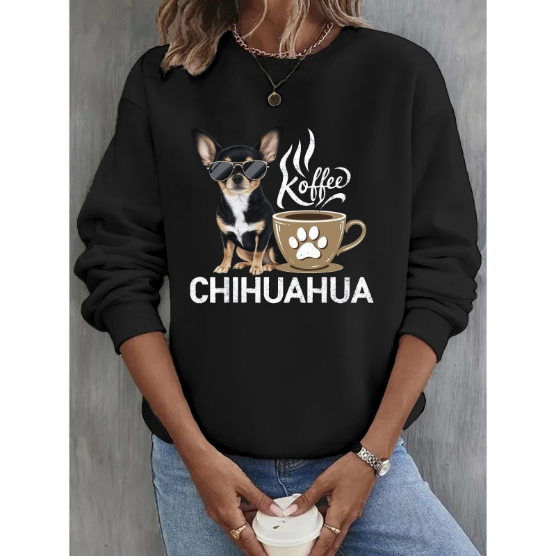 

Chihuahua & Coffee Graphic Crew Neck Sweatshirt For Women - 100% Polyester Knit Casual Pullover For Fall/winter, Geometric Pattern Fashion Top