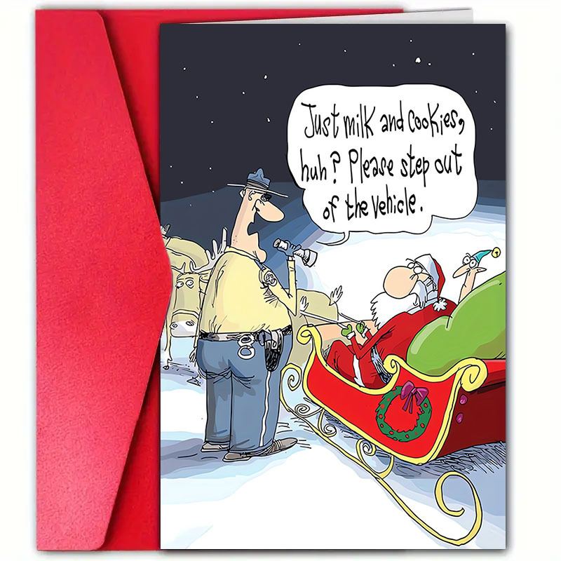 

1pc Humorous Christmas Greeting Card With Envelope - Paper, "santa Over By Police" Design, For All Recipients, Cheer And For Christmas Celebrations