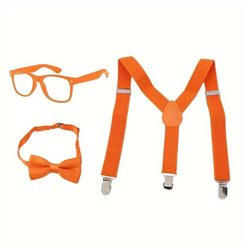 Image of Halloween Party Costume Set: Orange Bow Tie, Hat, Glasses, And Suspenders Accessories - Party Outfit Decoration Kit