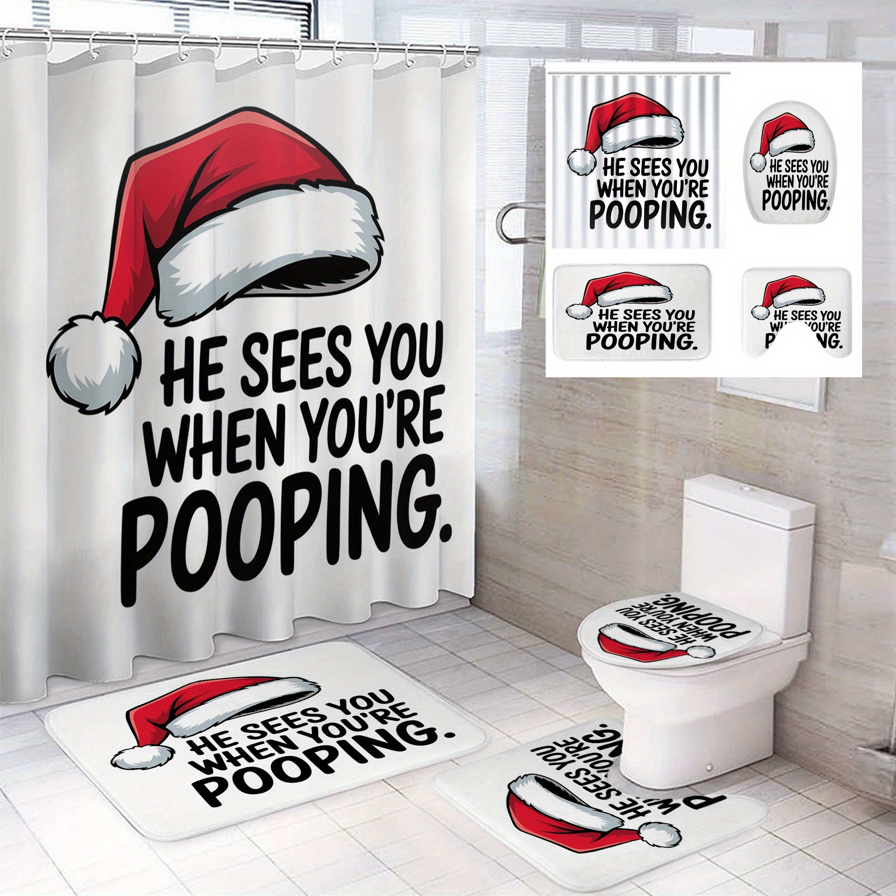 

Christmas Humorous Bathroom Set - , Non-bleach , Includes , Bath Mat, Lid & Rug, , , 71x71