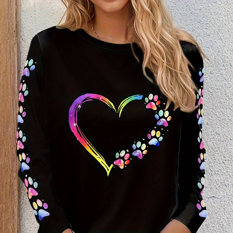 

Heart & Paw Neck Long Sleeve T-shirt - Women's Casual Spring & Fall Clothing - Valentine's Day Gift Idea