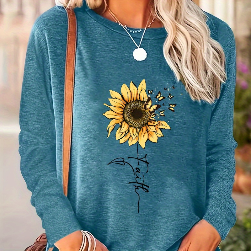 

Vibrant Sunflower Print Long Sleeve Crew Neck T-shirt - Soft, Breathable, Relaxed Fit, Casual Wear For Spring And Fall - Women' Clothing For