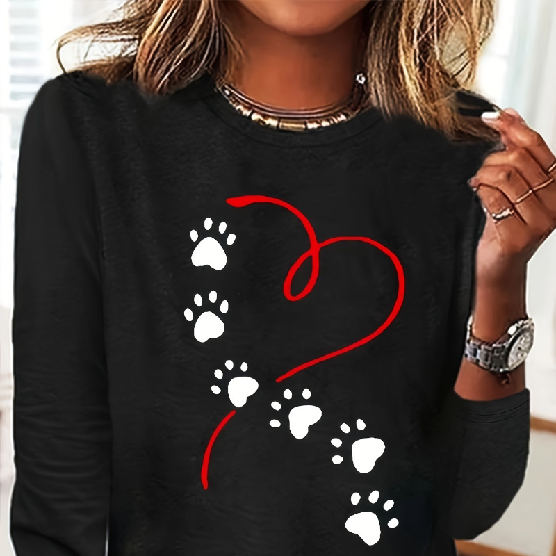 

Heart & Dog Paw Print T-shirt, Neck Long Sleeve Top For Spring & Fall, Women's Clothing