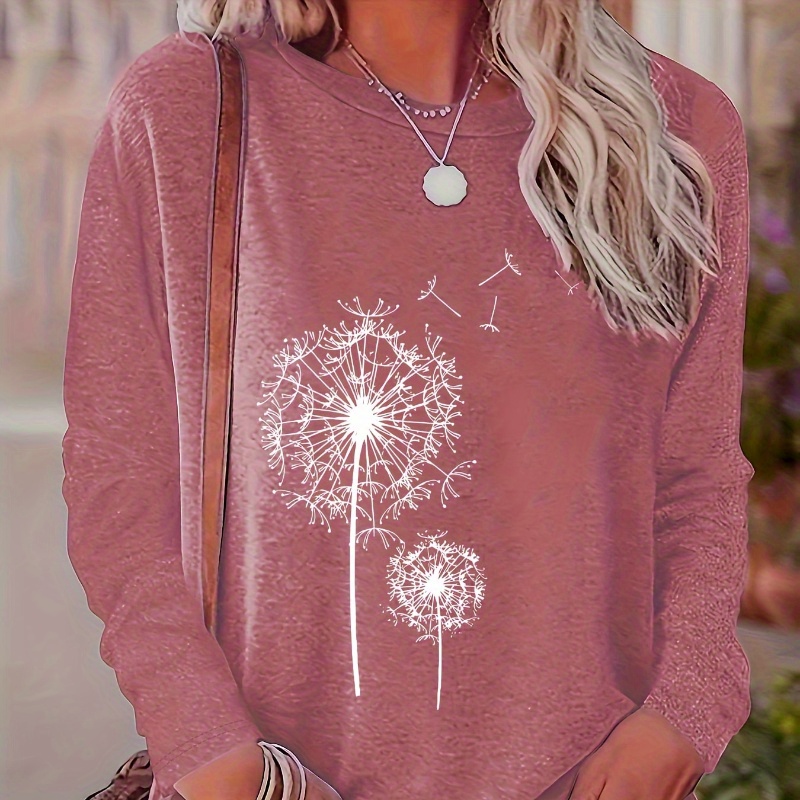 

[spring Style] Women's Soft & Comfortable Long Sleeve T-shirt With Vibrant Dandelion Print - Crew Neck, Micro , , Spring & Fall Casual Wear, Ladies T Shirts