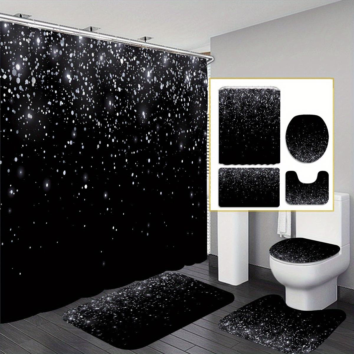 

4pcs Black Shower Curtain Set - Bathroom Decoration With Water-repellent Fabric, 12 Rust-resistant Hooks, And A 3-piece Toilet Floor Mat - And Maintenance