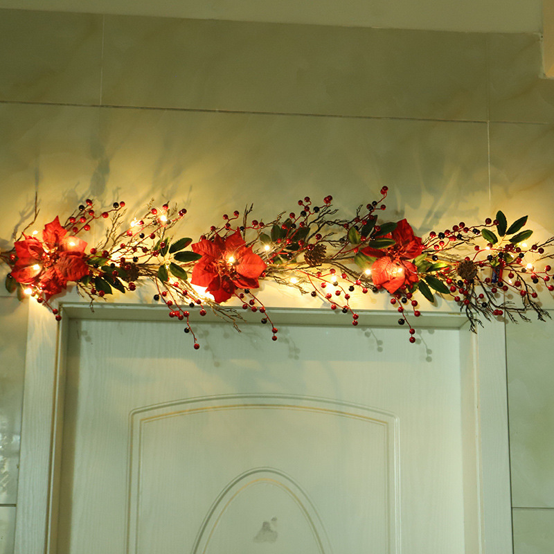 TEMU 5 Ft Christmas Garland With Light, Artificial Poinsettia Garland With Red Berries And Pine Cone Garland For Winter Christmas Fireplace Holiday Party Decorations