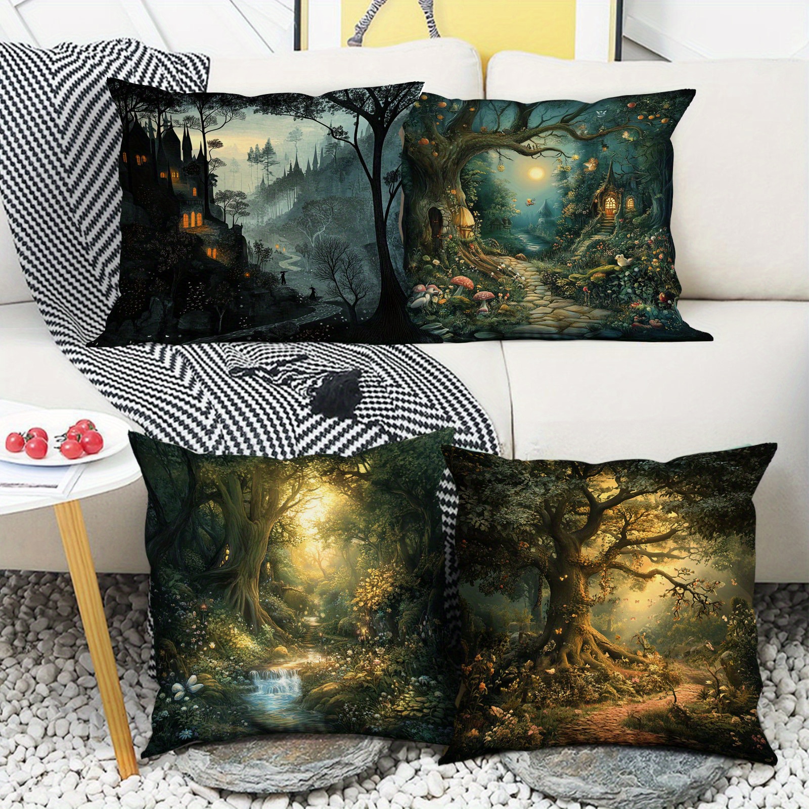 

Mystical Trees Sunlight Design Throw Pillow Covers, Set Of 4, Soft Comfortable Polyester, Contemporary Style, Zippered, Machine Washable For Office, Bedroom, Balcony, Car, Sofa, Patio