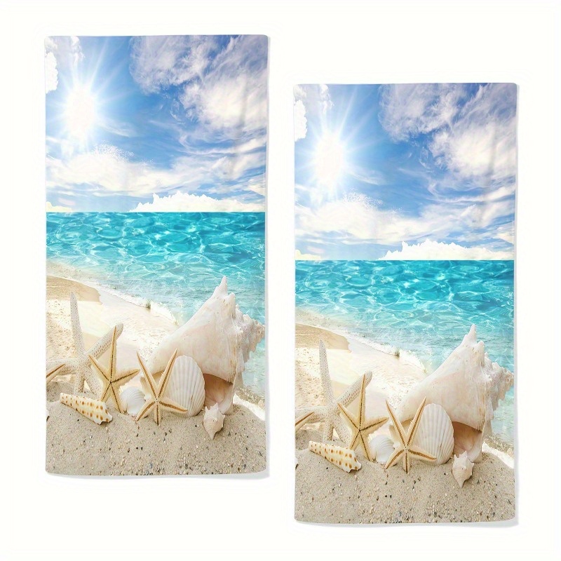 

2pcs Super Soft Absorbent Hand Towels - 18x26 Inch, Beach & Starfish Design, Bathroom, Gym, Sports - Machine Washable Polyester