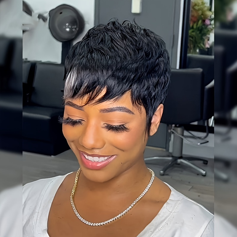 

Women's Cut Wig With Bangs - Glueless Full Machine Made Short Brazilian Human Hair, Straight , 180% Density, Suitable For All, Cap, Elegant Layered 1b/60