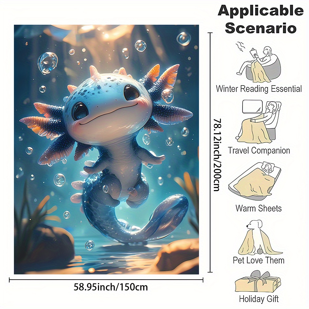 TEMU Flannel Cartoon Axolotl Throw Blanket - Polyester, Non-shedding Cozy Reversible Blanket For Napping, Office & Home - Great Gift For