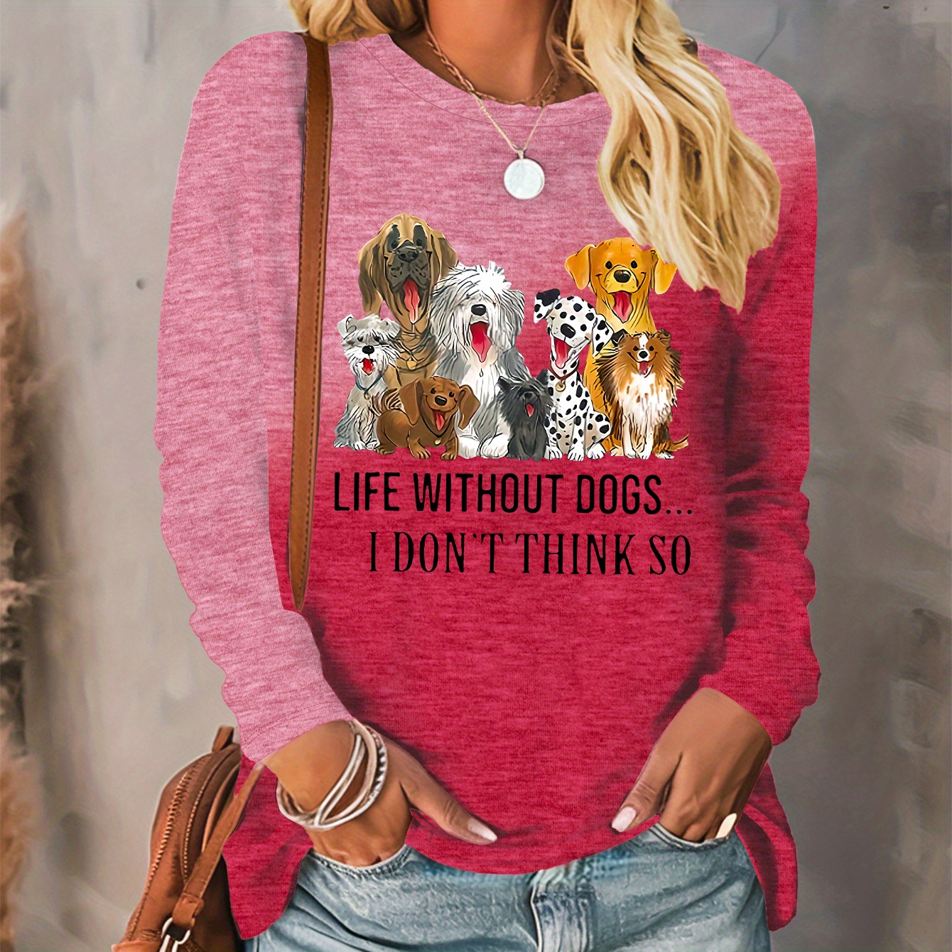 

Dog Print T-shirt, Long Sleeve Crew Neck Casual Top For Spring & Fall, Women's Clothing