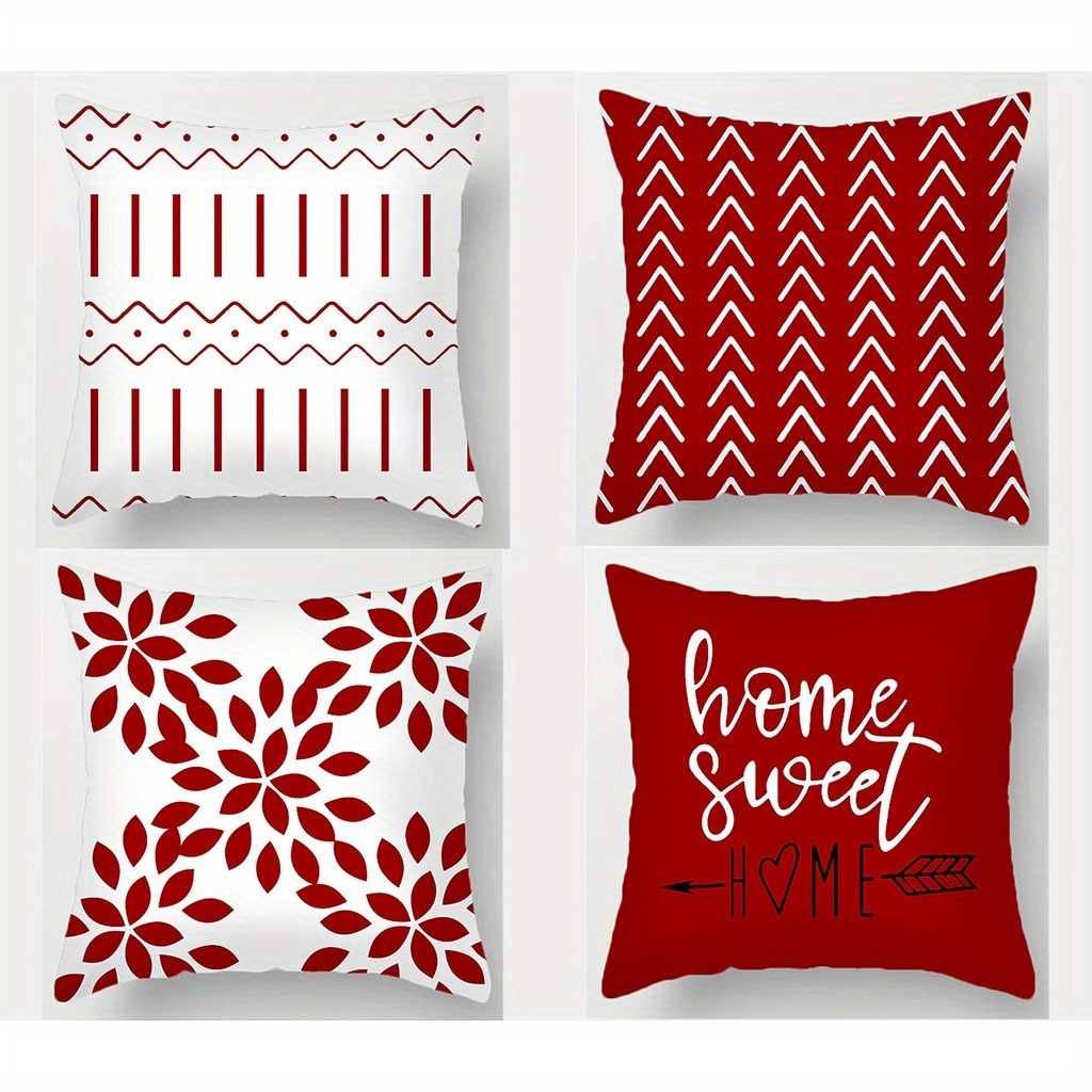 TEMU 4pcs Red Geometric Pillow Covers | Vintage Style Polyester 100% | Zippered Closure | Machine Washable | Room Decor, Decorative Pillow Covers