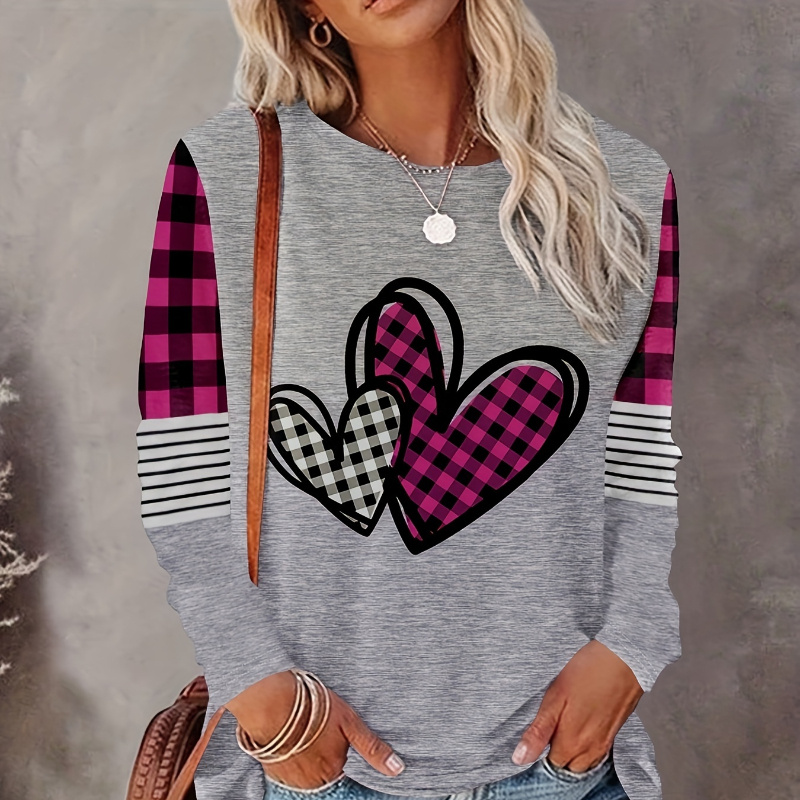 

& Heart Print Long Sleeve Crew Neck T-shirt For Women - Comfortable Polyester , Grey With Hearts, Valentine's Day, Date Night, Or Casual Wear, Ladies T Shirts