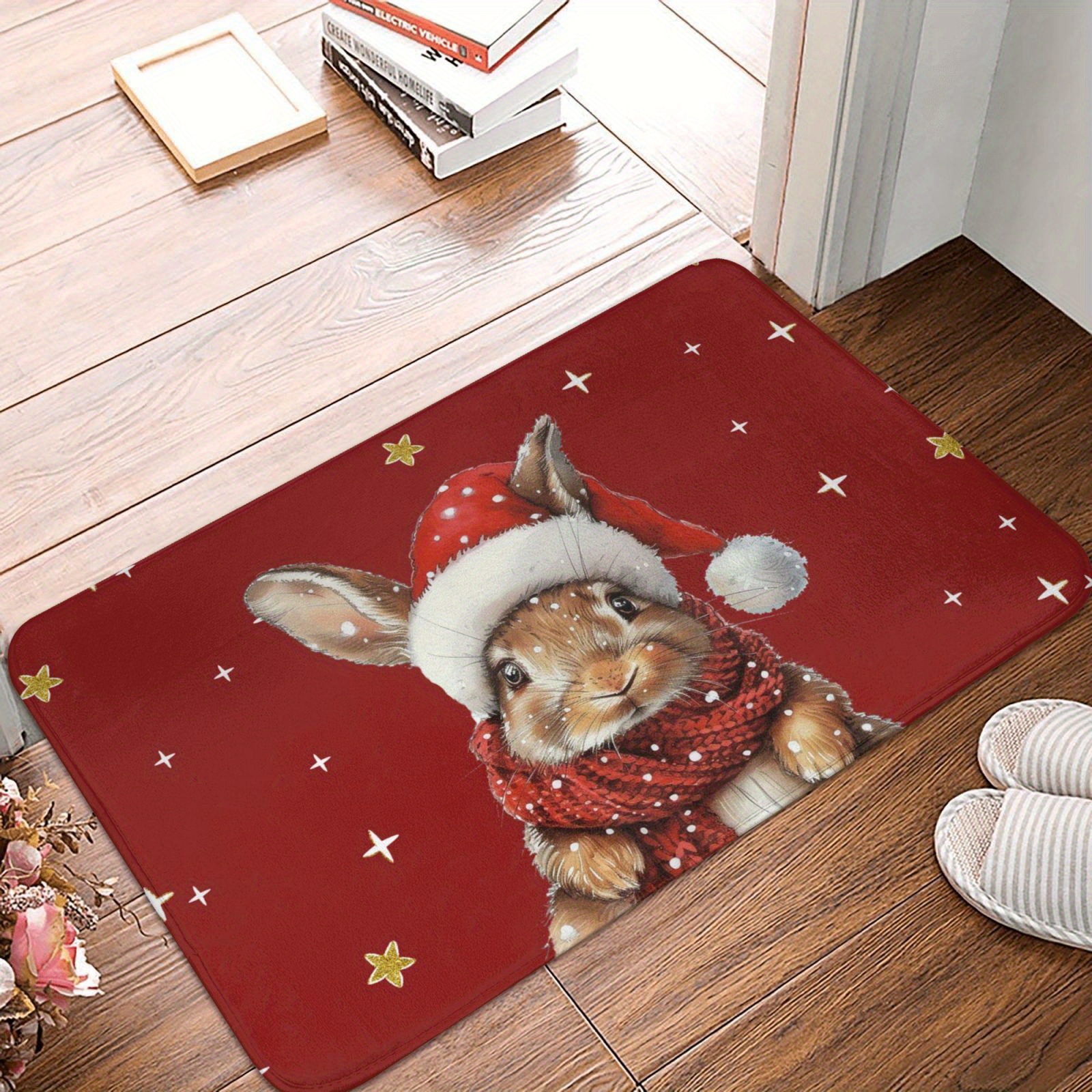 

Merry Christmas Door Mat - Non-slip, Festive Red Welcome Rug For Indoor/outdoor Use, Porch, Bathroom, Kitchen - Easy Clean Polyester Home Decor