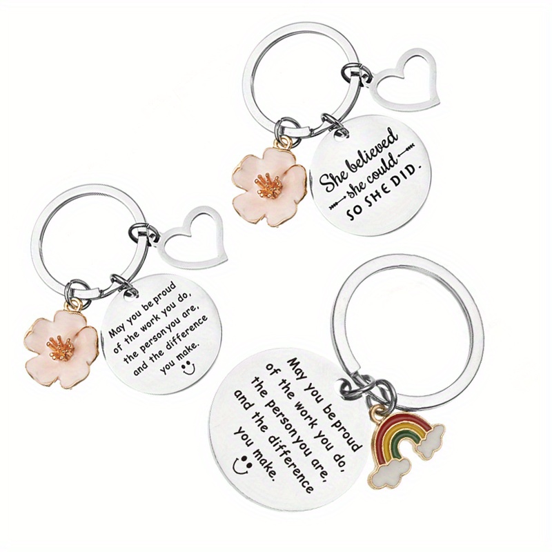 

3pcs/ Set Inspirational Heart Stainless Steel Keychain - Romantic Heart-shaped Design With Quote She Believed She Could So She Did In Peach Color - Functional Keychain For Bags, Keys, Or Accessories