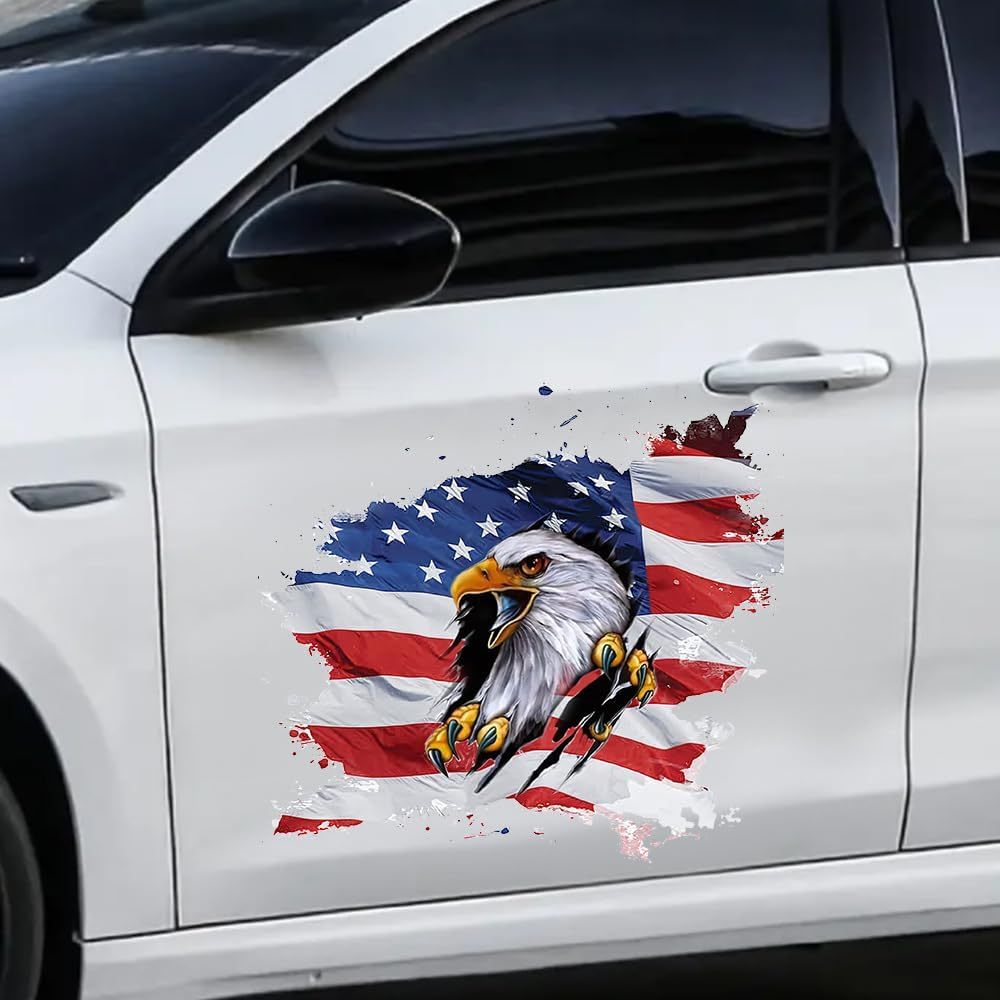 American Bald Eagle With Flag Wing Feathers Vinyl Decal - 4 Inches Tall, Outdoor Durable