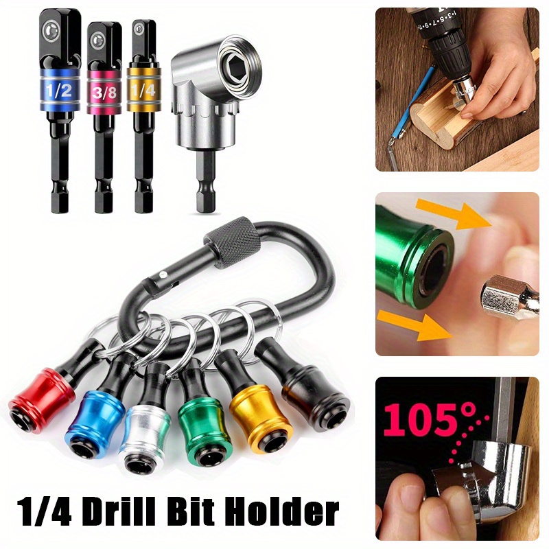 

10pcs Bit Holder Keychain 1/ 4" Hex Shank Aluminum Alloy Screwdriver 3 Sizes 1/ 4" 3/ 8" 1/ 2", W/ 105° Multifunction Right Angle Drill, 10pcs Cool Gifts Electrician Tools