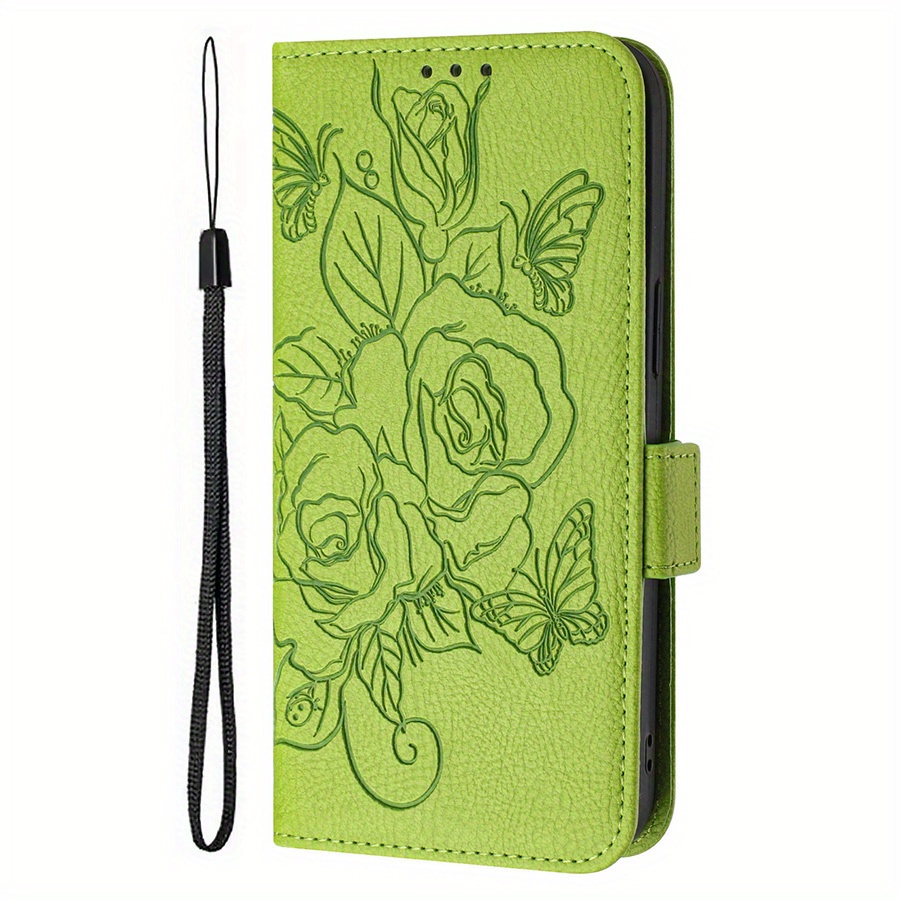 TEMU Creative Printed Green Rose Flower Anti-skimming Strap Wallet Phone Case Suitable For Iphone X/11/12/13/14/15//16 Pro Max