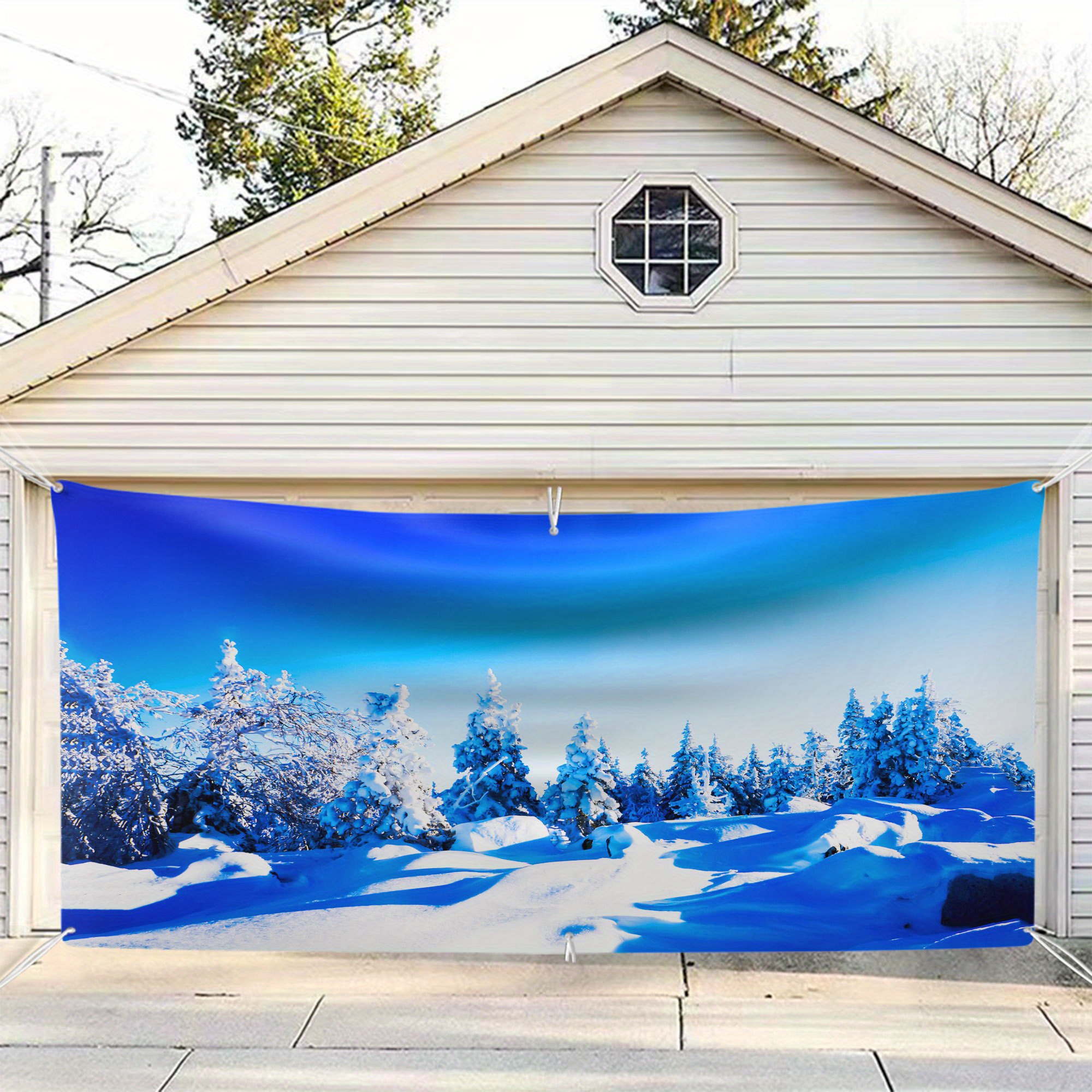 

1pc Snow-covered Scenery Garage Door Decoration, Large Polyester Hanging Cloth With Hanging Rope Accessories, Holiday Theme, No Battery Required