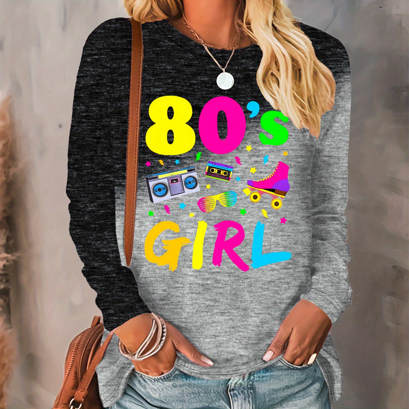 

Vibrant 80s-inspired Letter Print Gradient Long Sleeve T-shirt - Casual Crew Neck Top For Women, Parties & Casual Attire